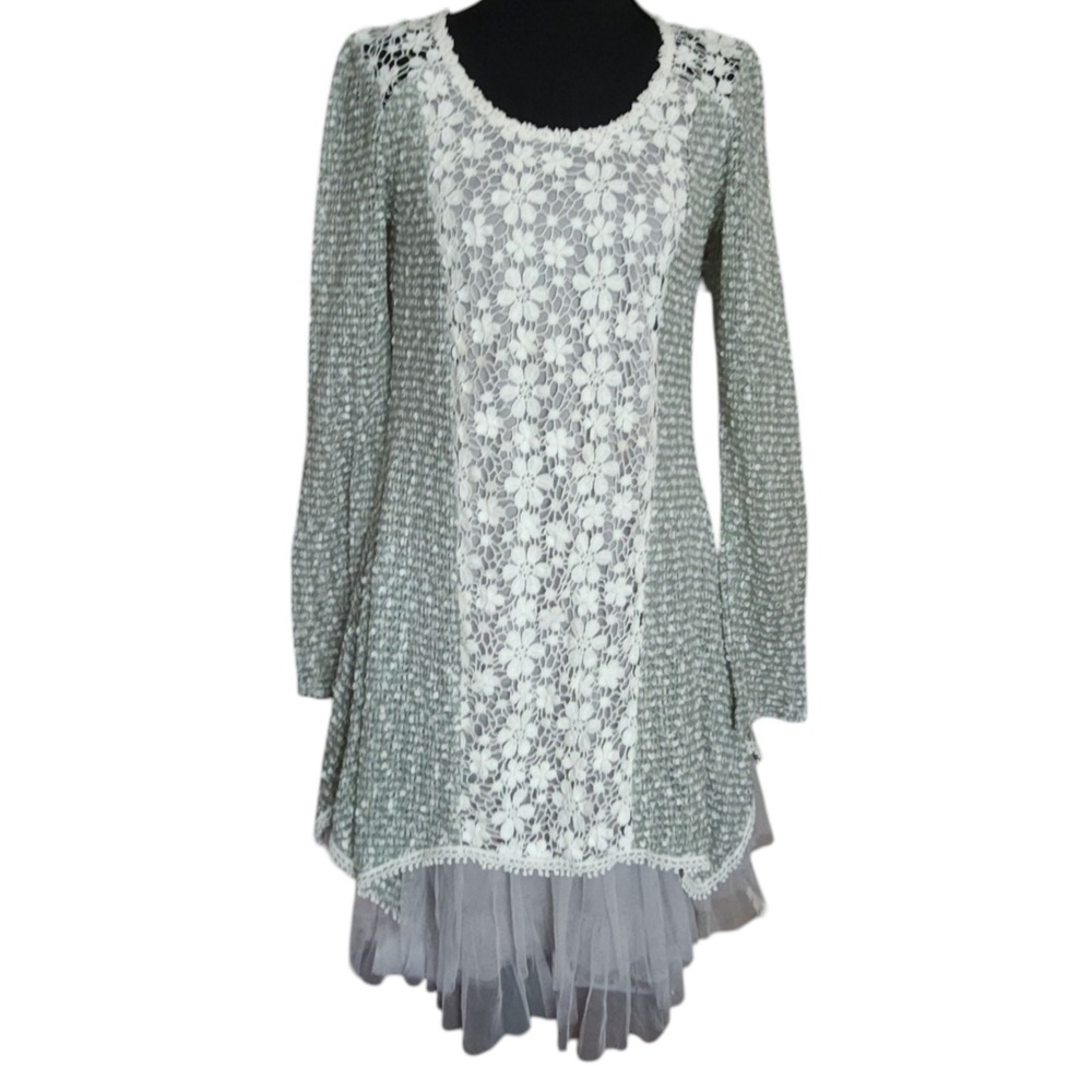 Ryu Sage Green Lace Tulle Hem Tunic Dress Long Sleeve Floral Mixed Media Small - Picture 2 of 11